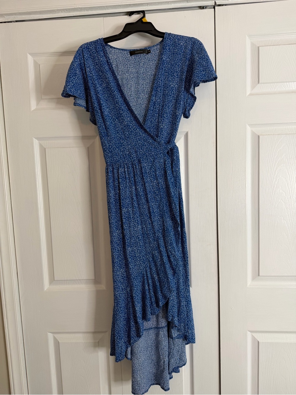 Women’s Blue High-Low Wrap Dress with Flutter Sleeves